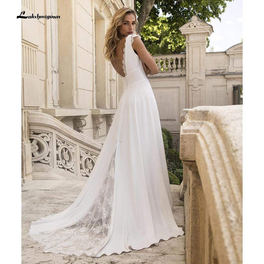 Deep V Neck Lace Satin Backless Beach A Line Wedding Dresses - ROYCEBRIDAL OFFICIAL STORE