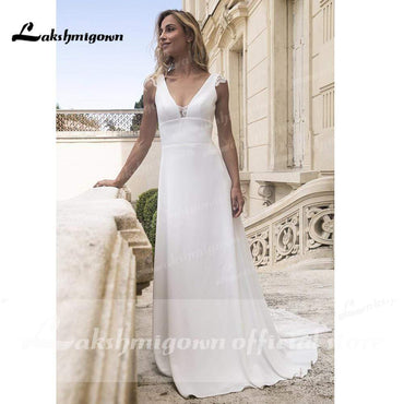 Deep V Neck Lace Satin Backless Beach A Line Wedding Dresses - ROYCEBRIDAL OFFICIAL STORE