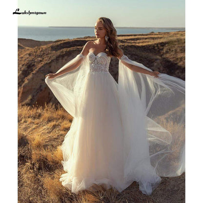 Deep V Neck Lace Sexy Tulle Sleeveless Boho Wedding Dresses - ROYCEBRIDAL OFFICIAL STORE