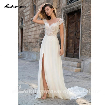 Deep V Neck Sleeve Sexy Lace Chiffon High Split Wedding Dresses - ROYCEBRIDAL OFFICIAL STORE