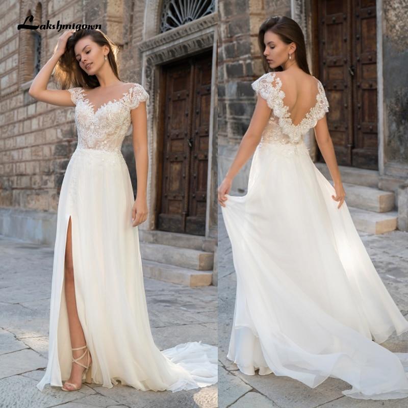 Deep V Neck Sleeve Sexy Lace Chiffon High Split Wedding Dresses - ROYCEBRIDAL OFFICIAL STORE