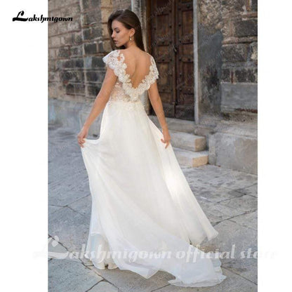 Deep V Neck Sleeve Sexy Lace Chiffon High Split Wedding Dresses - ROYCEBRIDAL OFFICIAL STORE