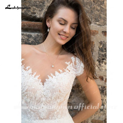 Deep V Neck Sleeve Sexy Lace Chiffon High Split Wedding Dresses - ROYCEBRIDAL OFFICIAL STORE