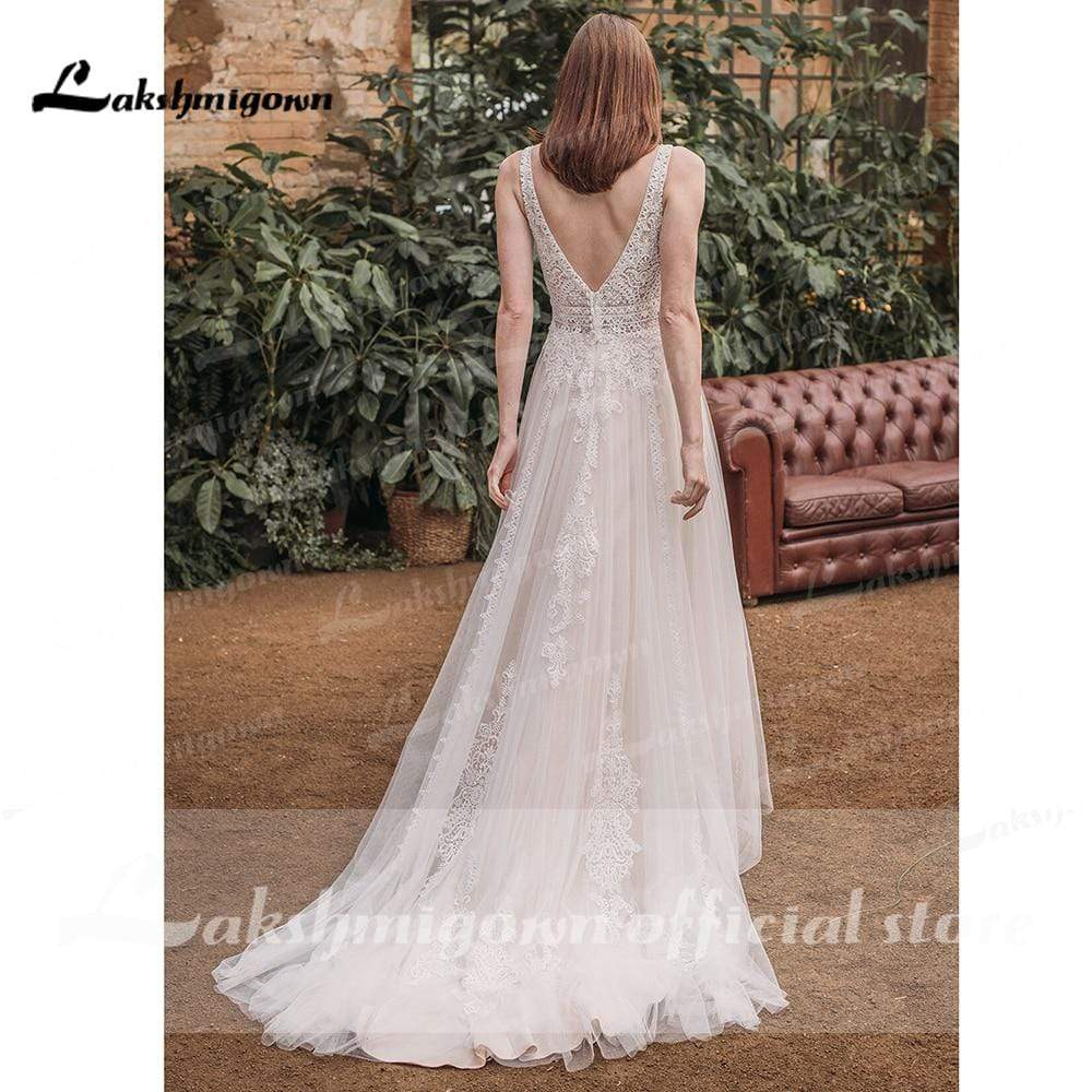 Deep V Neck Sleeveless Backless Lace Tulle Wedding Dresses - ROYCEBRIDAL OFFICIAL STORE