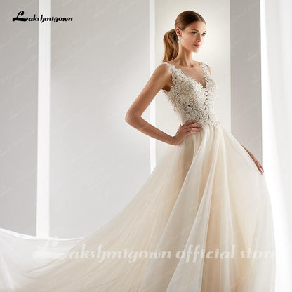 Elegant A-line Champagne Wedding Dresses Mariage Appliques - ROYCEBRIDAL OFFICIAL STORE