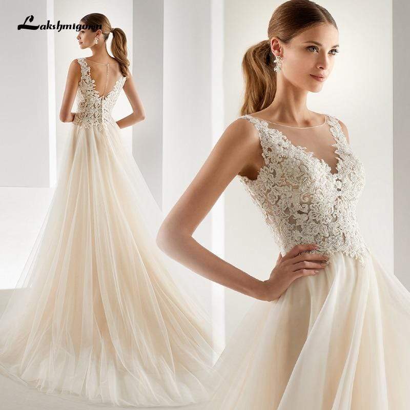 Elegant A-line Champagne Wedding Dresses Mariage Appliques - ROYCEBRIDAL OFFICIAL STORE