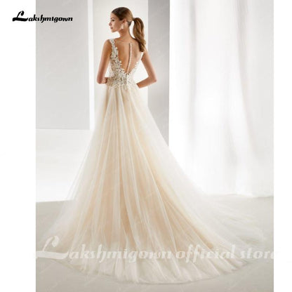 Elegant A-line Champagne Wedding Dresses Mariage Appliques - ROYCEBRIDAL OFFICIAL STORE