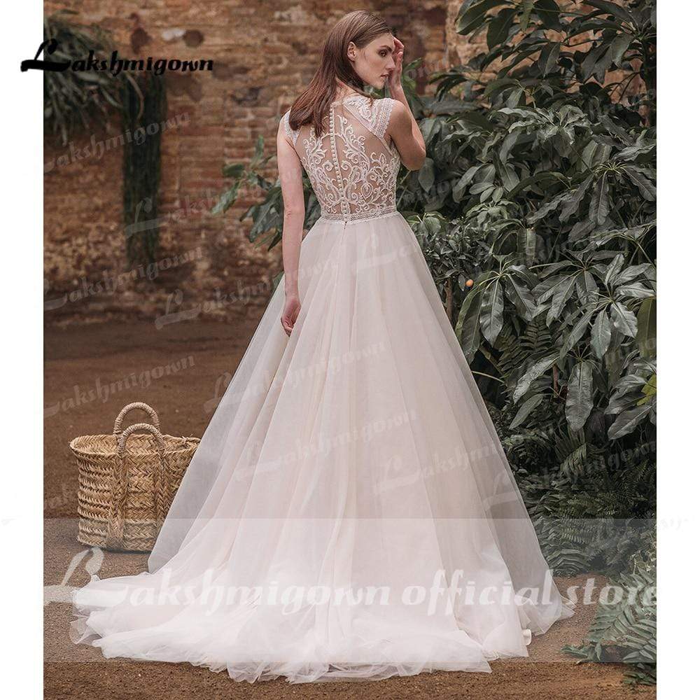 Elegant A Line O Neck See Through Lace Wedding Dresses - ROYCEBRIDAL OFFICIAL STORE