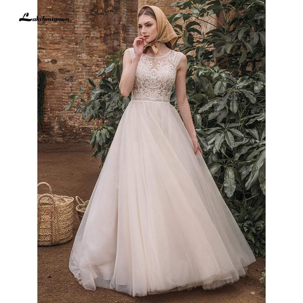 Elegant A Line O Neck See Through Lace Wedding Dresses - ROYCEBRIDAL OFFICIAL STORE