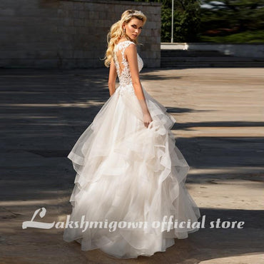 Elegant A-Line Ruffles Beach Champagne Wedding Dresses Deep V neck - ROYCEBRIDAL OFFICIAL STORE