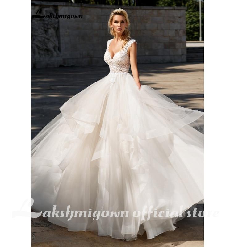 Elegant A-Line Ruffles Beach Champagne Wedding Dresses Deep V neck - ROYCEBRIDAL OFFICIAL STORE