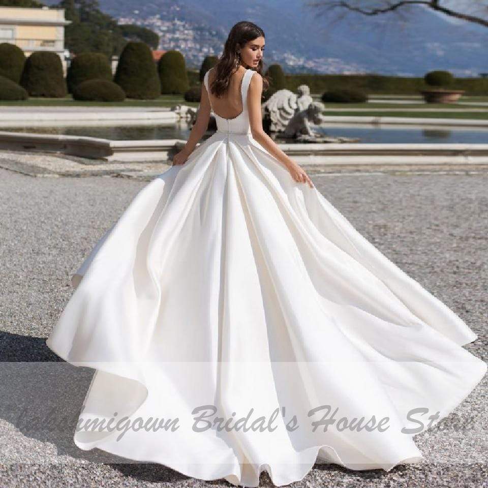 Elegant A Line V Neck Satin Wedding Dresses with Pockets - ROYCEBRIDAL OFFICIAL STORE