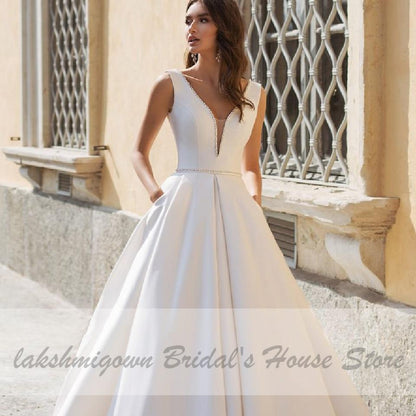 Elegant A Line V Neck Satin Wedding Dresses with Pockets - ROYCEBRIDAL OFFICIAL STORE