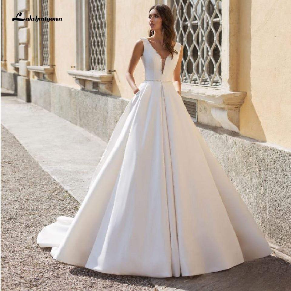 Elegant A Line V Neck Satin Wedding Dresses with Pockets - ROYCEBRIDAL OFFICIAL STORE