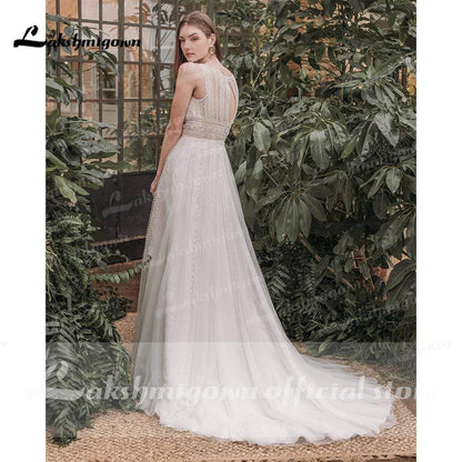 Elegant Beach Boho O Neck Lace Sleeveless Wedding Dresses - ROYCEBRIDAL OFFICIAL STORE