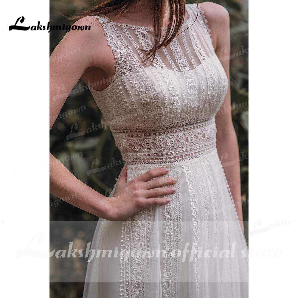 Elegant Beach Boho O Neck Lace Sleeveless Wedding Dresses - ROYCEBRIDAL OFFICIAL STORE