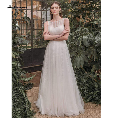 Elegant Beach Boho O Neck Lace Sleeveless Wedding Dresses - ROYCEBRIDAL OFFICIAL STORE