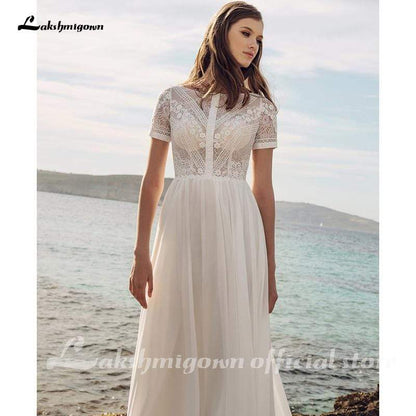 Elegant Bohomia A-line Wedding Dresses Lace Chiffon - ROYCEBRIDAL OFFICIAL STORE