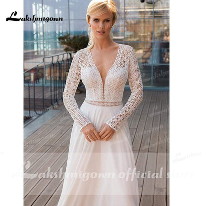 Elegant Long Sleeve V Neck Lace Chiffon Wedding Dresses - ROYCEBRIDAL OFFICIAL STORE