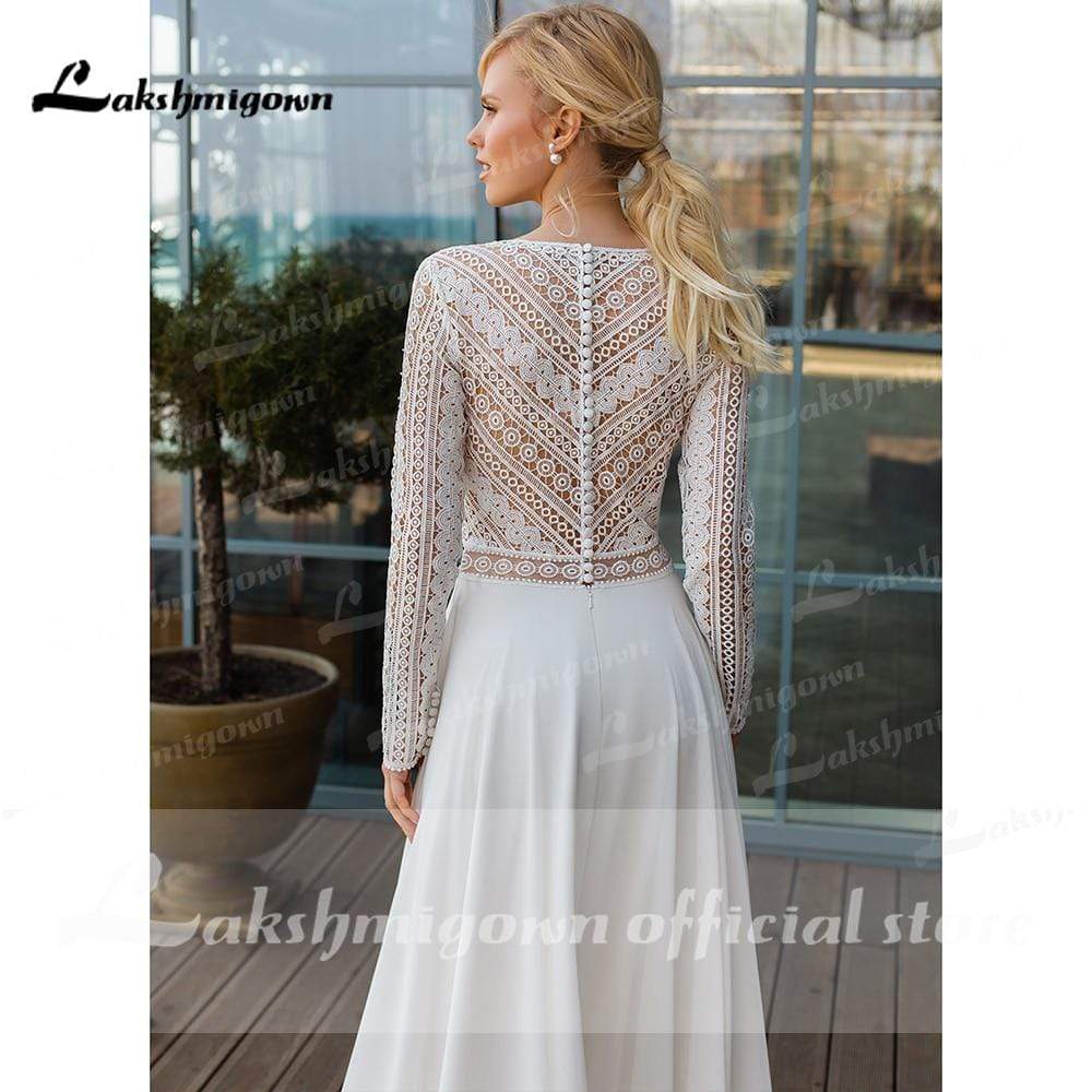 Elegant Long Sleeve V Neck Lace Chiffon Wedding Dresses - ROYCEBRIDAL OFFICIAL STORE