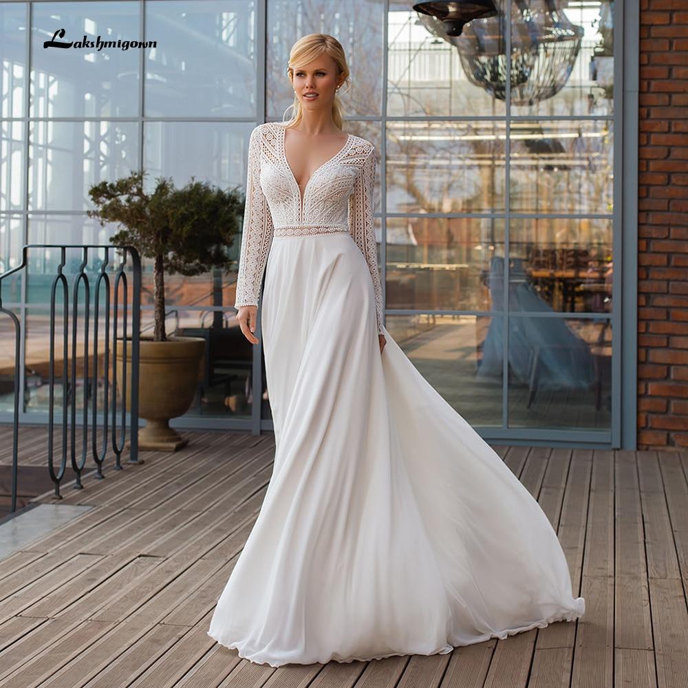 Elegant Long Sleeve V Neck Lace Chiffon Wedding Dresses - ROYCEBRIDAL OFFICIAL STORE