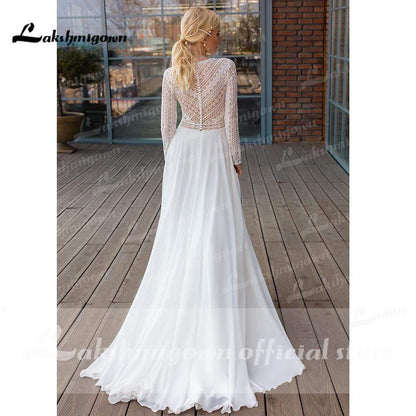 Elegant Long Sleeve V Neck Lace Chiffon Wedding Dresses - ROYCEBRIDAL OFFICIAL STORE