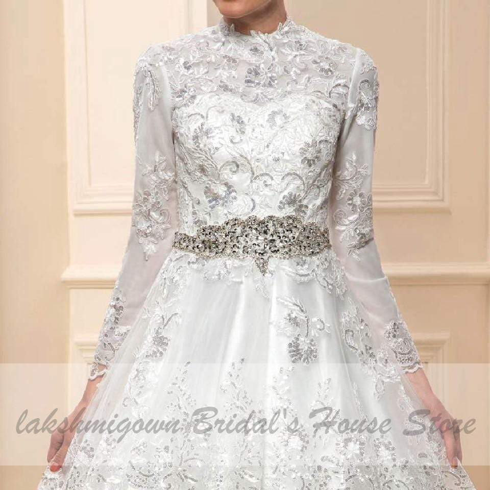 Elegant Long Sleeve Wedding Dress Glitter Lace Dubai Bridal Dresses - ROYCEBRIDAL OFFICIAL STORE