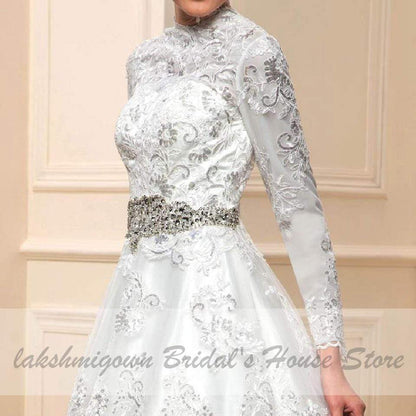 Elegant Long Sleeve Wedding Dress Glitter Lace Dubai Bridal Dresses - ROYCEBRIDAL OFFICIAL STORE