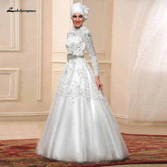 Elegant Long Sleeve Wedding Dress Glitter Lace Dubai Bridal Dresses - ROYCEBRIDAL OFFICIAL STORE