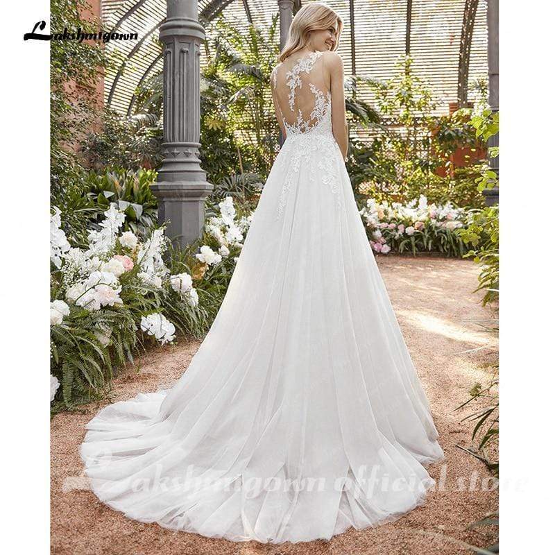 Elegant V-Neck Lace Top Backless Wedding Dress - ROYCEBRIDAL OFFICIAL STORE