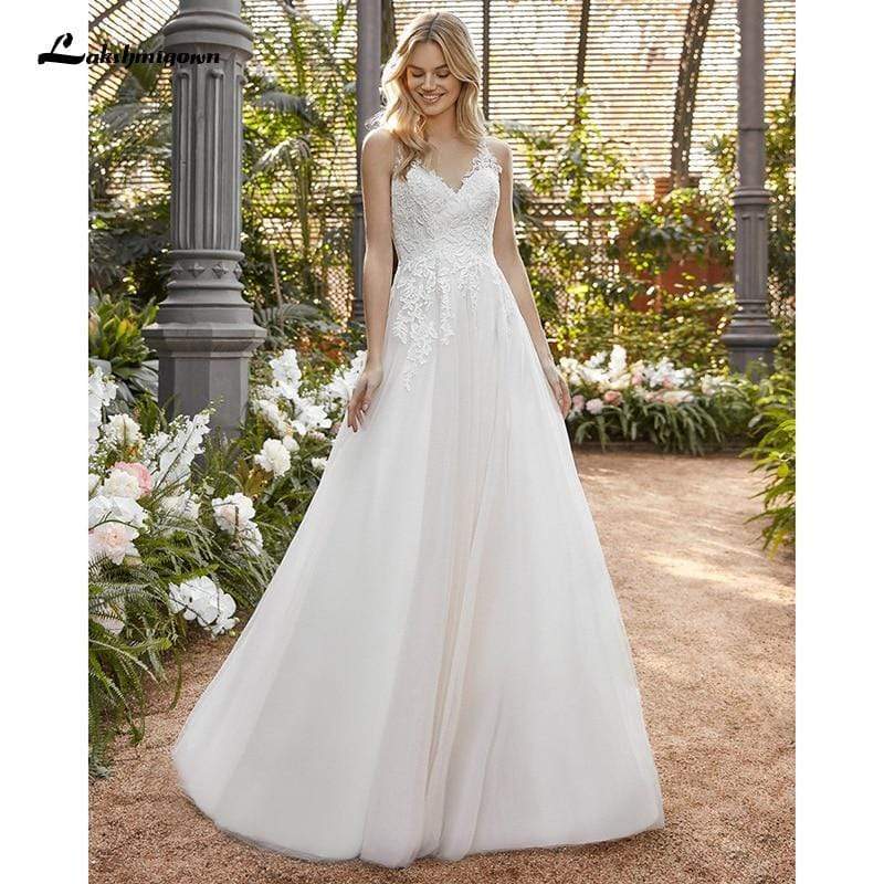 Elegant V-Neck Lace Top Backless Wedding Dress - ROYCEBRIDAL OFFICIAL STORE