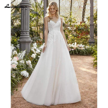 Elegant V-Neck Lace Top Backless Wedding Dress - ROYCEBRIDAL OFFICIAL STORE