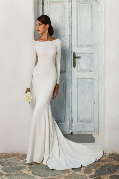 Elegant White Stain Mermaid Wedding Dresses Long Sleeves Bridal Gown - ROYCEBRIDAL OFFICIAL STORE