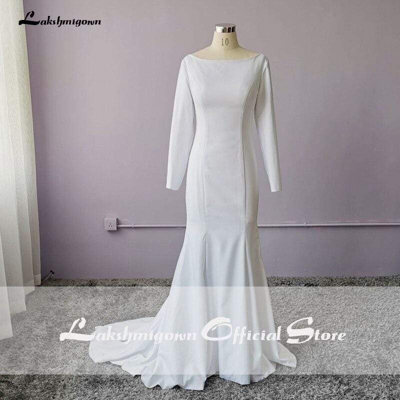 Elegant White Stain Mermaid Wedding Dresses Long Sleeves Bridal Gown - ROYCEBRIDAL OFFICIAL STORE