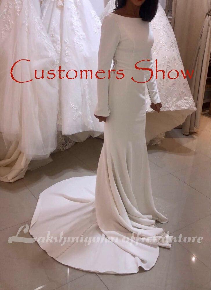 Elegant White Stain Mermaid Wedding Dresses Long Sleeves Bridal Gown - ROYCEBRIDAL OFFICIAL STORE