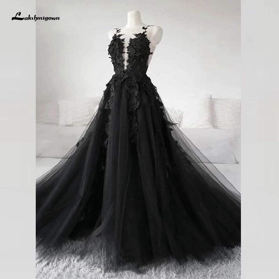 Floral Gothic Black Long Wedding Dress 2020 Sexy Bridal Gown Vestidos de Novia Sexy Tulle Wedding Gowns Trouwjurk Plus Size - ROYCEBRIDAL OFFICIAL STORE