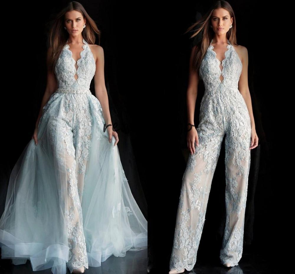 Full Lace Applique Bridal Jumpsuit With Detachable Train 2020 Halter Backless Summer Holiday Wedding Jumpsuit Dress white dress - ROYCEBRIDAL OFFICIAL STORE