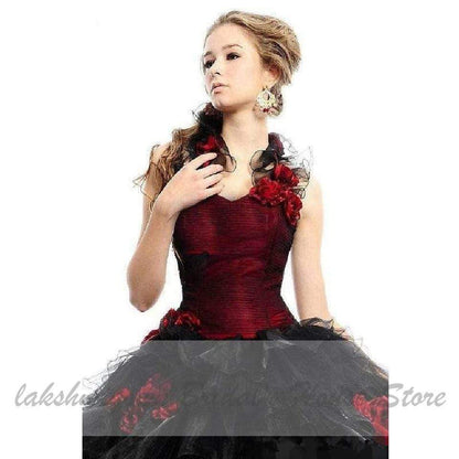 Gothic Black and Red Wedding Gowns Strapless Elegant 3D Flowers - ROYCEBRIDAL OFFICIAL STORE