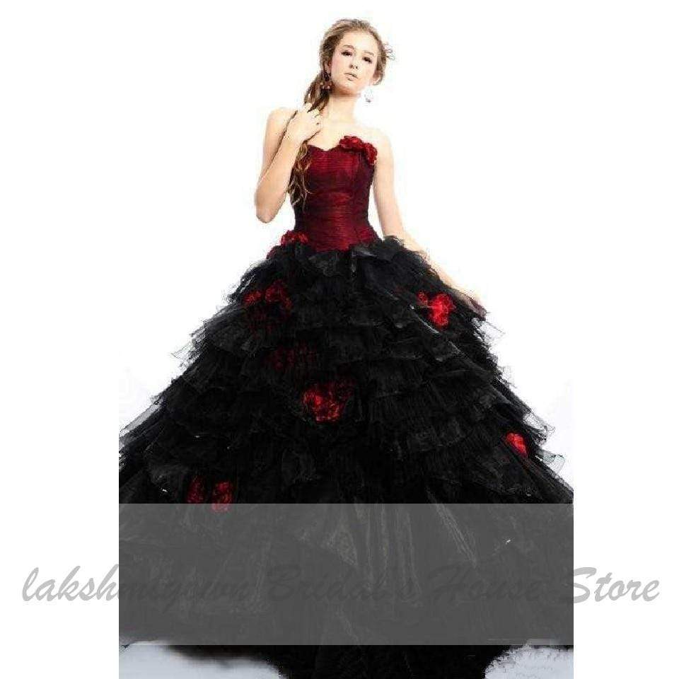 Gothic Black and Red Wedding Gowns Strapless Elegant 3D Flowers - ROYCEBRIDAL OFFICIAL STORE