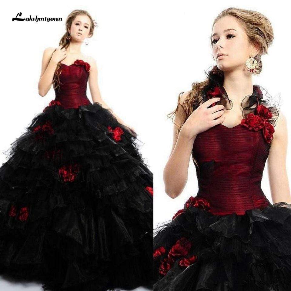 Gothic Black and Red Wedding Gowns Strapless Elegant 3D Flowers - ROYCEBRIDAL OFFICIAL STORE