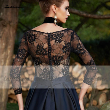 Gothic Black Satin Wedding Dress 3/4 Sleeves - ROYCEBRIDAL OFFICIAL STORE