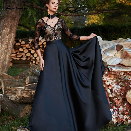 Gothic Black Satin Wedding Dress 3/4 Sleeves - ROYCEBRIDAL OFFICIAL STORE