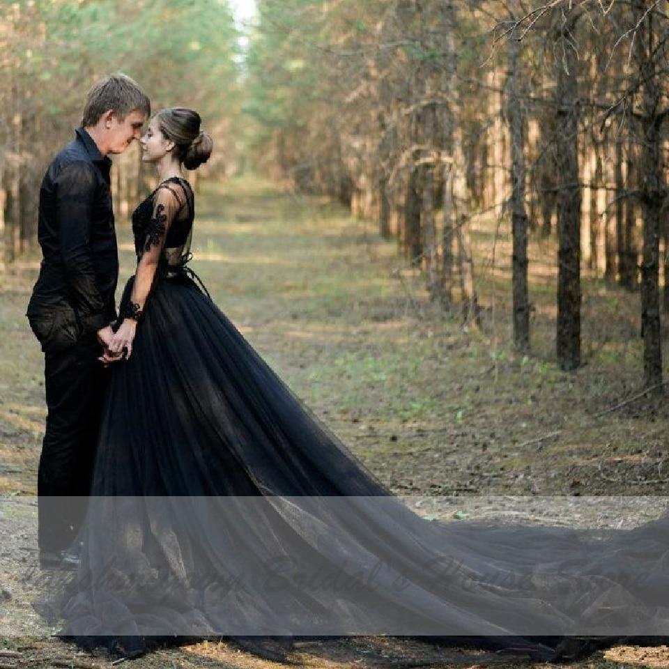 Gothic Black Wedding Dress with Sleeves Sexy Bridal Dress - ROYCEBRIDAL OFFICIAL STORE