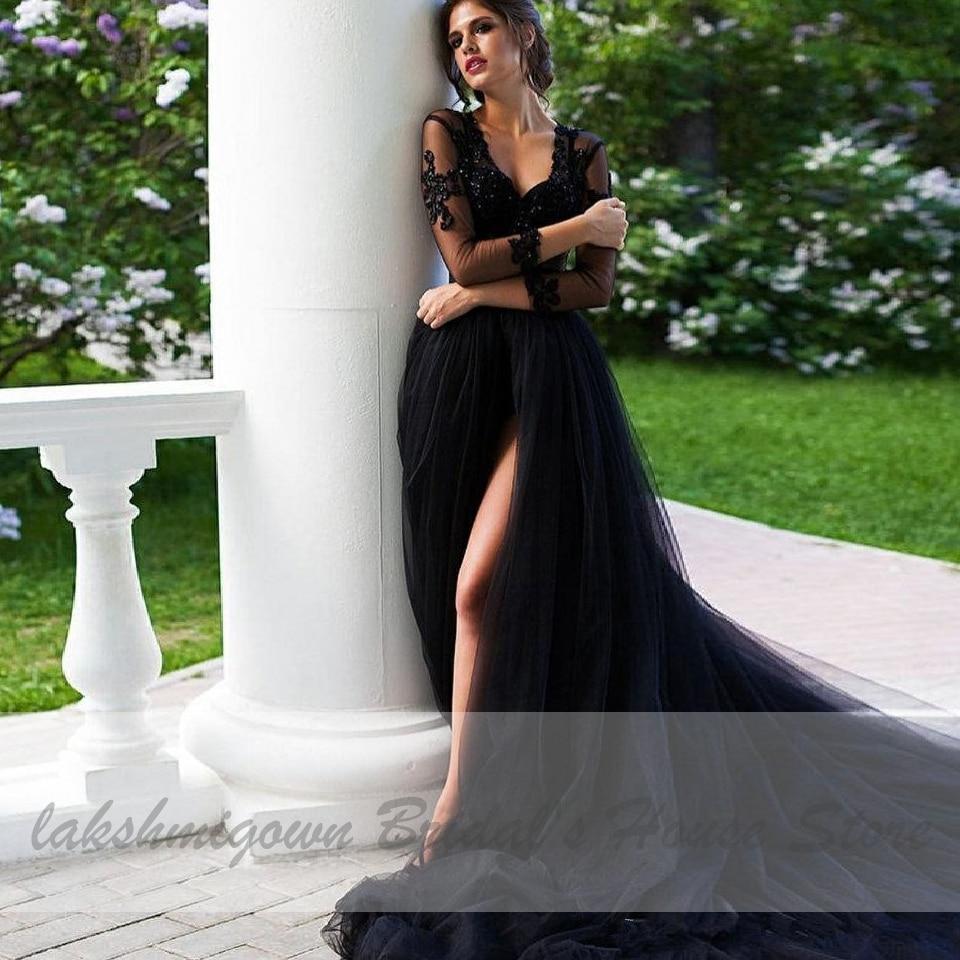 Gothic Black Wedding Dress with Sleeves Sexy Bridal Dress - ROYCEBRIDAL OFFICIAL STORE