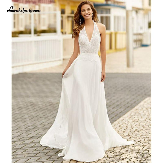 Halter Neck Ivory Wedding Dresses Chiffon Deep V Neck - ROYCEBRIDAL OFFICIAL STORE