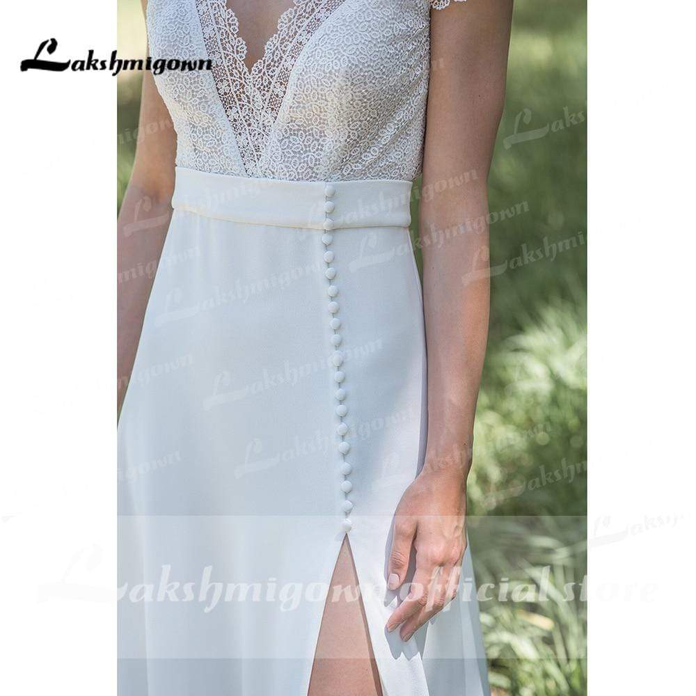 High Split Deep V Neck Lace Bocide Short Sleeve Buttons Wedding Dresses - ROYCEBRIDAL OFFICIAL STORE