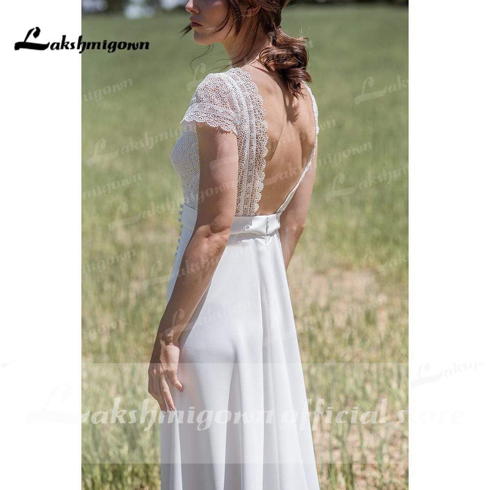 High Split Deep V Neck Lace Bocide Short Sleeve Buttons Wedding Dresses - ROYCEBRIDAL OFFICIAL STORE