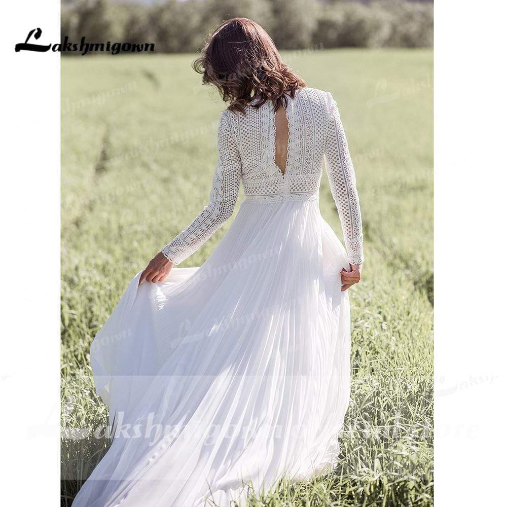 High Split Long Sleeve O Neck Tulle Wedding Dresses - ROYCEBRIDAL OFFICIAL STORE