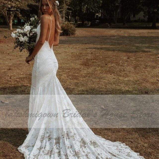 Vintage Lace Mermaid Dress Summer Wedding Dresses Open Back - ROYCEBRIDAL OFFICIAL STORE