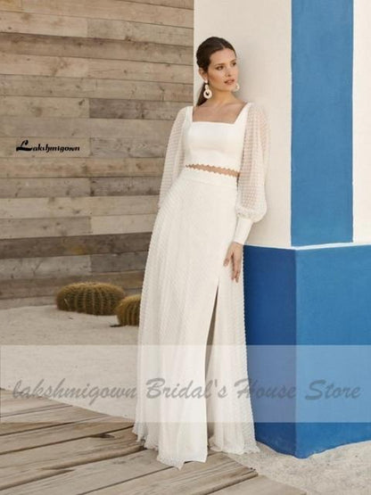 Puffy Long Sleeve Boho Wedding Dress 2 Pieces - ROYCEBRIDAL OFFICIAL STORE